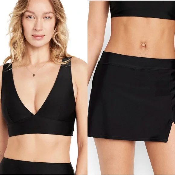 NWTS💓OLD NAVY XL💓BLACK MATTE LONGLINE BIKINI TOP MATCHING SWIM SKIRT SET BUNDLE - Picture 2 of 12